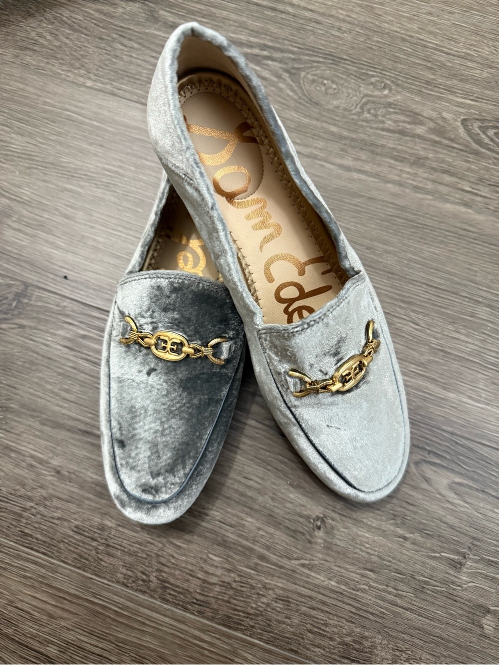 Sam Edelman Silver Gray Velvet Chain-Trim Loafers